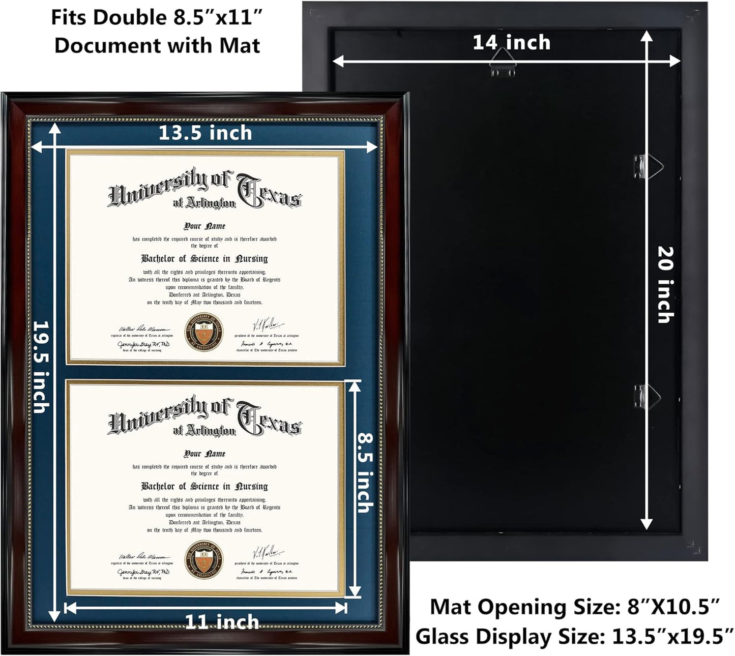 GraduationMall 14x20 Double Diploma Frame, Display 8.5x11 Certificate with Navy over Gold Mat,UV Protection Acrylic,Mahogany with Gold Beads