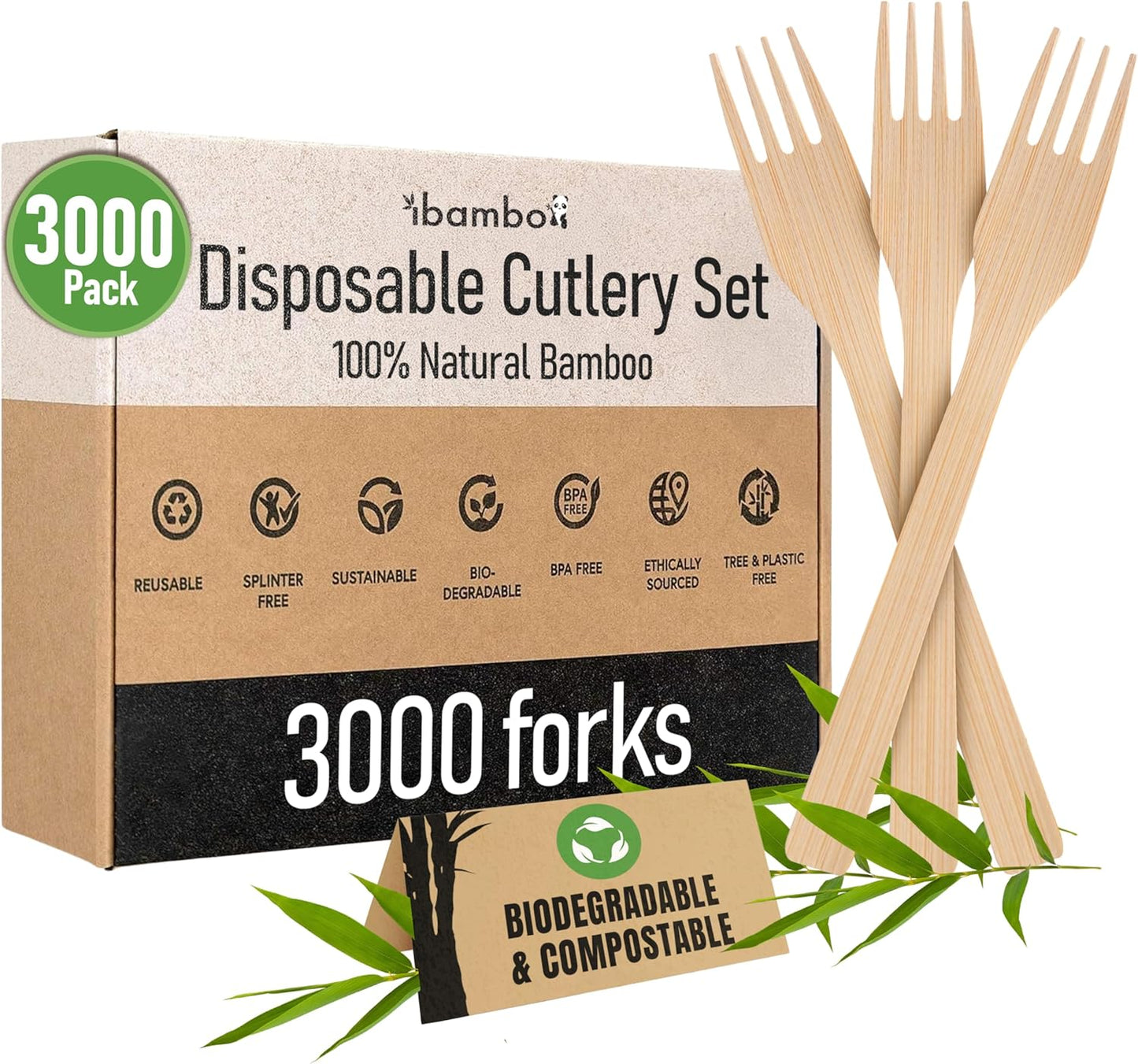 Ibambo 100% Bamboo Forks Set - Compostable Utensils Bulk (3000 Eco Friendly Forks) | Bamboo Cutlery Disposable or Reusable | Compostable FSC Certified Flatware for Weddings, Camping, Parties