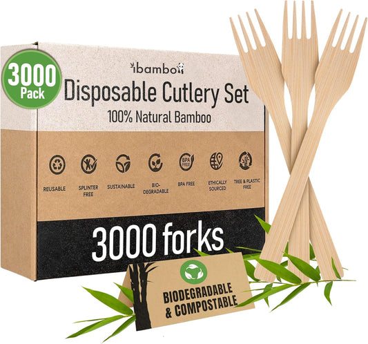 Ibambo 100% Bamboo Forks Set - Compostable Utensils Bulk (3000 Eco Friendly Forks) | Bamboo Cutlery Disposable or Reusable | Compostable FSC Certified Flatware for Weddings, Camping, Parties