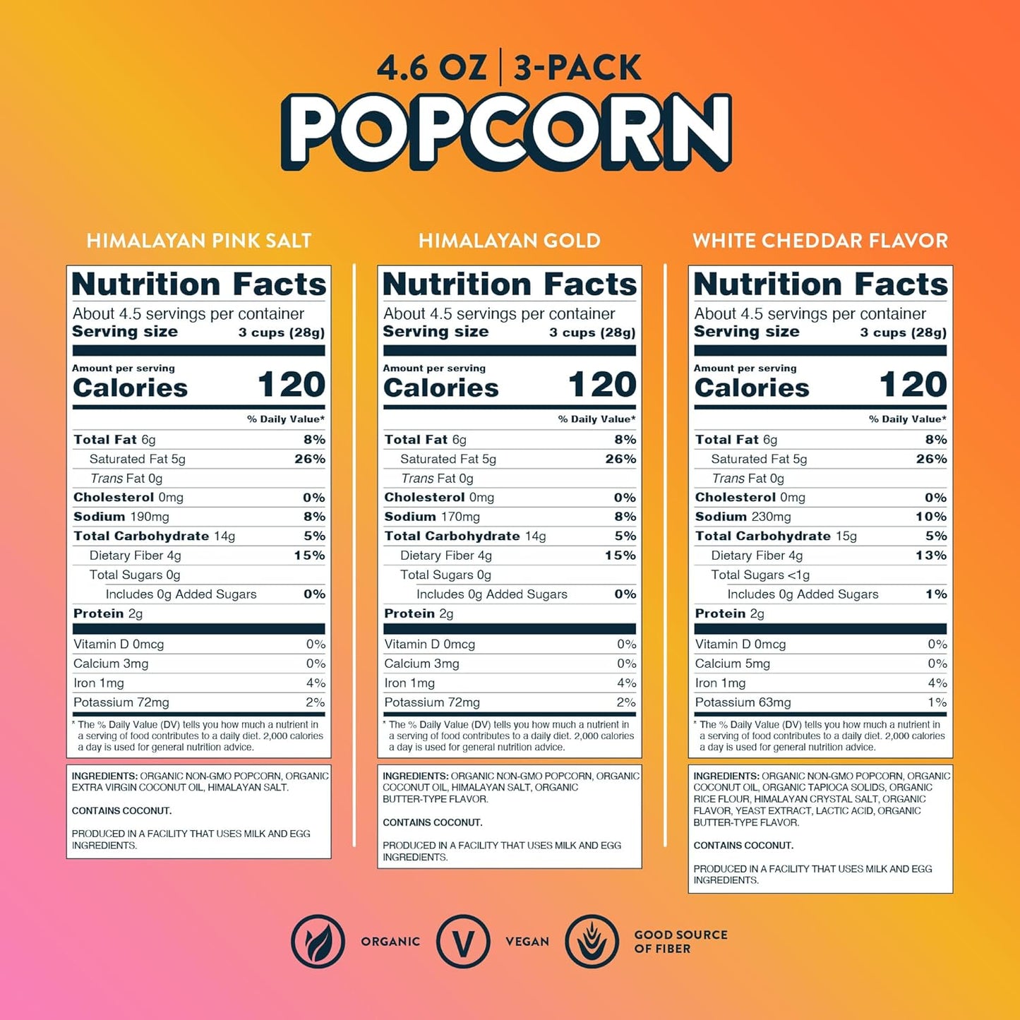 LesserEvil Organic Popcorn Variety Pack, Himalayan Pink Salt (4.6 oz Bag), Himalayan Gold (4.6 oz Bag), and White Cheddar Flavor (4.6oz Bag)