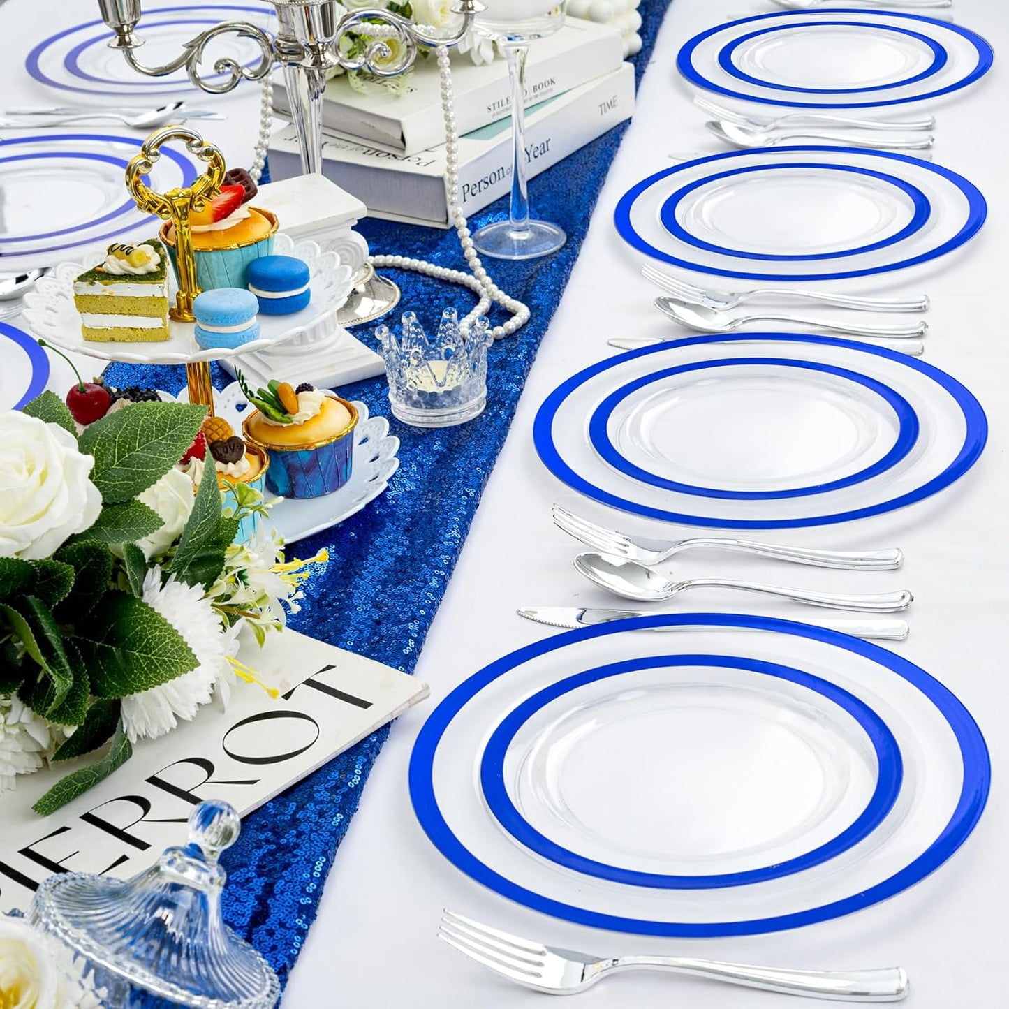 U-QE 120pcs Royal Blue Plastic Plates - Blue Disposable Plates Heavy Duty - Includes 60 10" Dinner & 60 7" Dessert Plates for Party, Birthday