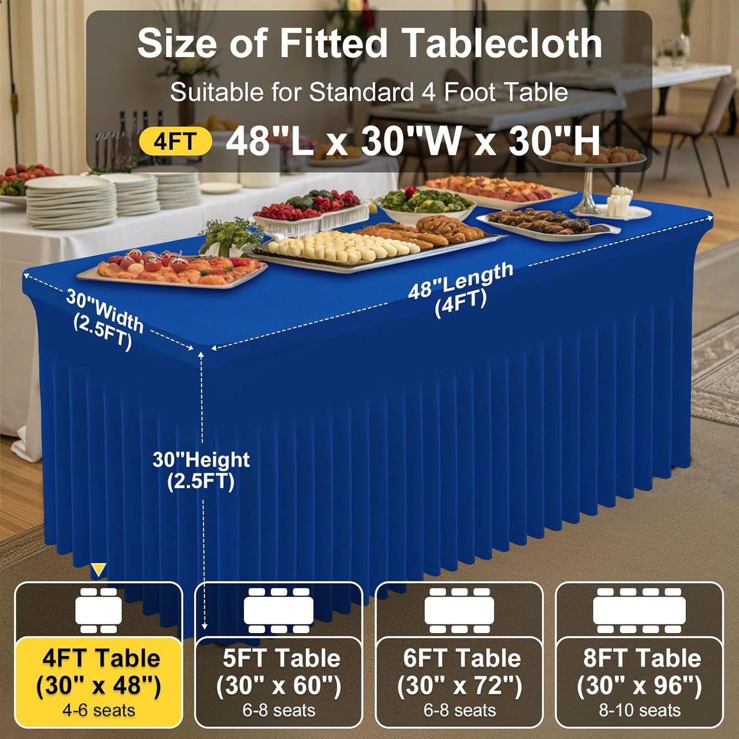 Smiry Spandex Tablecloth, Elastic Fitted Stretch Tablecloth for 4FT Rectangle Tables, Waterproof Washable Table Cover Skirt for Outdoor, Wedding, Banquet & Parties (Blue, 48Lx30Wx30H Inch)