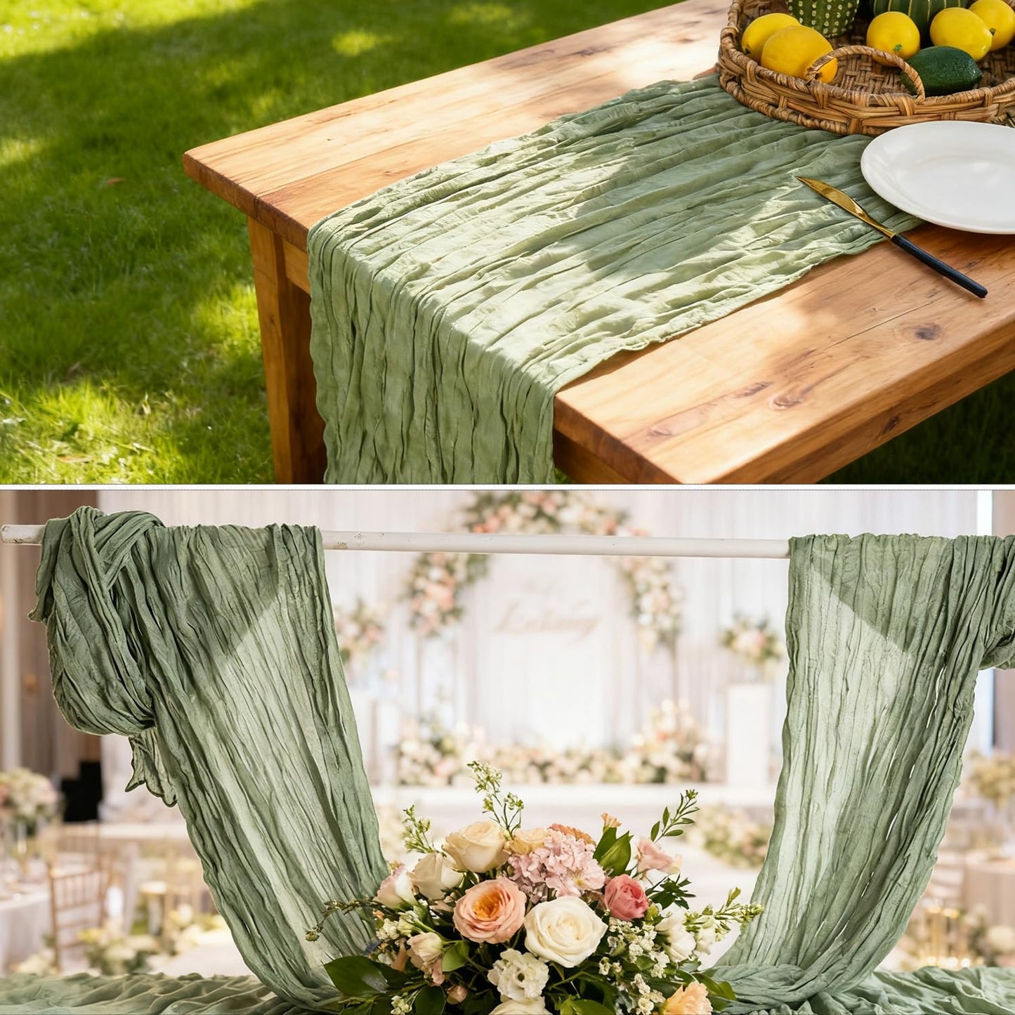 6 Pack Sage Green Table Runner, 35x120 Inch Cheesecloth Table Runner, Boho Gauze Table Runners, Rustic Sheer Cheese Cloth Table Runners for Wedding, Baby Shower, Birthday Party, Home Decor