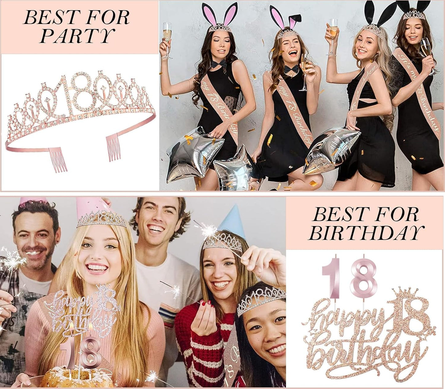 18th birthday decorations for girls, Including 18th Happy Birthday Gifts Queen Sash with Pearl Pin, Sweet Rhinestone Tiara Crown, Cake Toppers, Number Candles and Balloons Set, Rose Gold