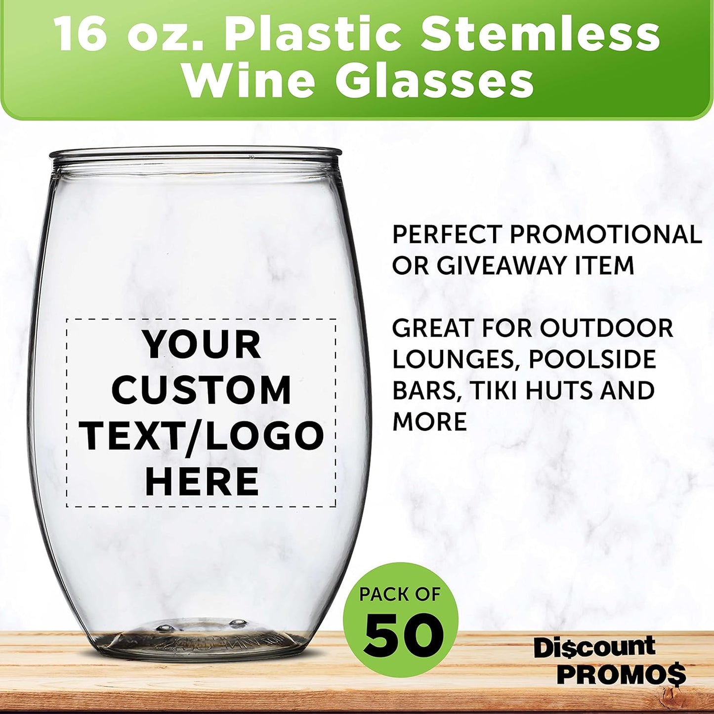 Custom Plastic Stemless Wine Glasses 16 oz. Set of 50, Personalized Bulk Pack - BPA Free, Great for Outdoor Lounges, Poolside, Parties and Other Events - Clear