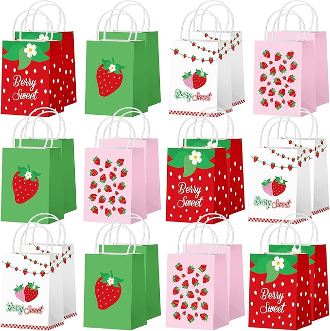 Outus 24 Pcs Strawberry Party Favor Bags Summer Strawberry Gift Bags Cute Strawberry Goodie Candy Paper Bags with Handles for Kids Berry First Birthday Party Supplies Baby Shower Wedding Decoration