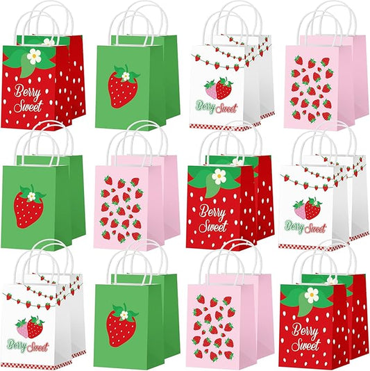 Outus 24 Pcs Strawberry Party Favor Bags Summer Strawberry Gift Bags Cute Strawberry Goodie Candy Paper Bags with Handles for Kids Berry First Birthday Party Supplies Baby Shower Wedding Decoration