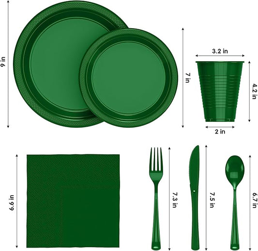 Emerald Green Disposable Party Dinnerware Set 350pcs – Plates, Cups, Napkins & Cutlery for 50 Guests