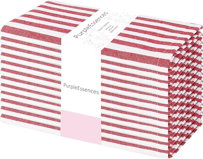 PurpleEssences Plain Striped Cloth Napkins - Set of 12-100% Cotton - 18 x 18 Inch - Spring Easter Summer and Perfect Everyday Use Dinner Napkin - Red and White