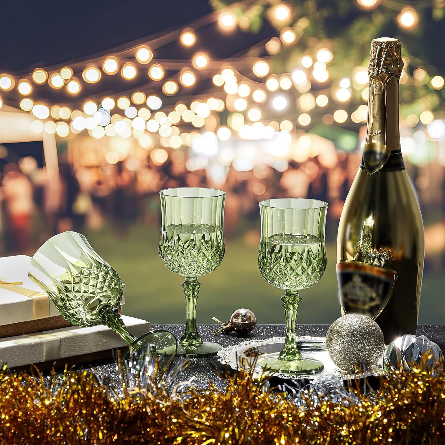 XUWAIDSGN 24 Pcs 7oz Plastic Vintage Wine Glasses Drinking Glasses Unbreakable Wedding Glassware Crystal Water Goblets Reusable Drinkware Vintage Champagne Flutes (24, Dark Green)