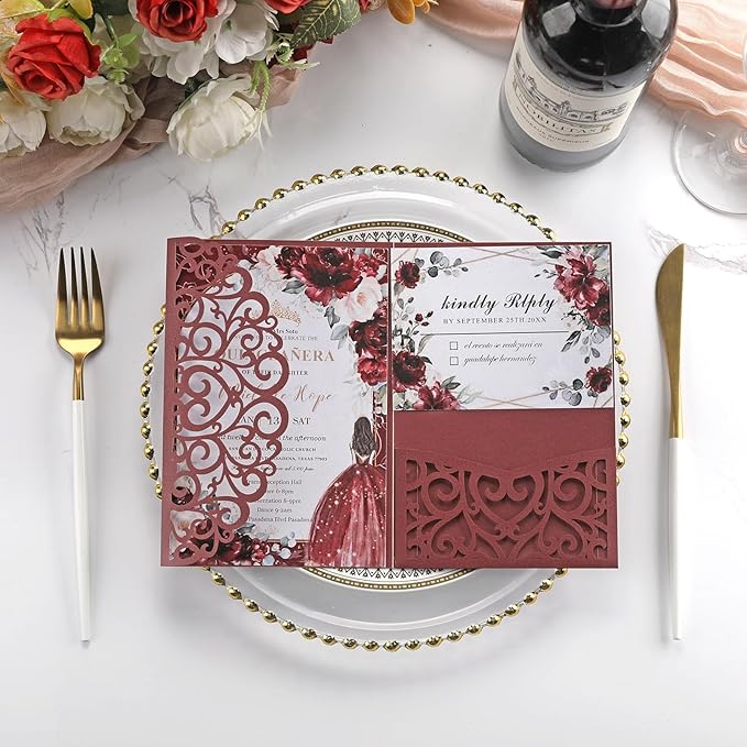 50PCS Burgundy Wedding Invitation Bridal Shower Invitations with Envelopes RSVP- Laser Cut, Personalized Paper Cards for Birthday Party Quince Anniversary