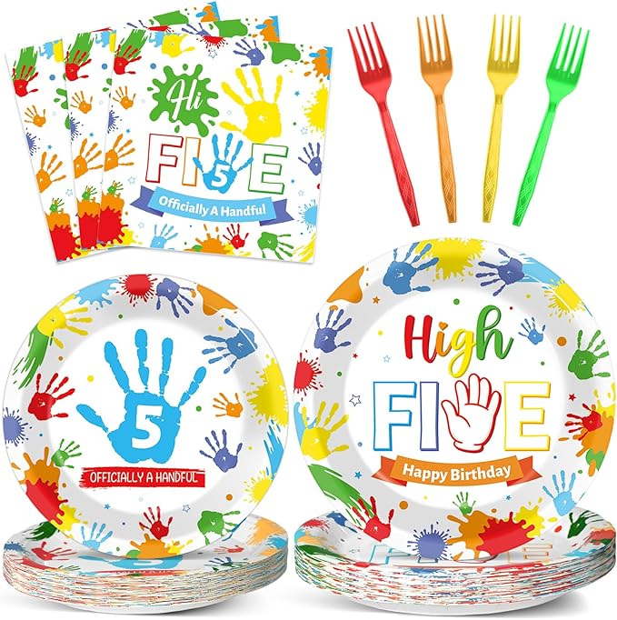 96Pcs Hi Five Birthday Party Supplies Colorful High 5 Year Old Birthday Paper Plates Napkins Hi FIVE Party Decorations Kids Girls Boys 5 Years Old Dinnerware Favor Tableware Serves 24