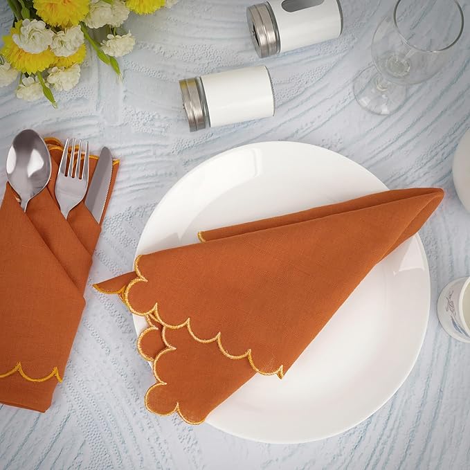 FINGERCRAFT Cloth Napkins, Everyday Use Reversible Scallop Design, Premium Quality Cotton Linen Blend Napkin Set of 6 Perfect for Parties Dinners Weddings Christmas Napkin Cloth 20x20 Inch Rust