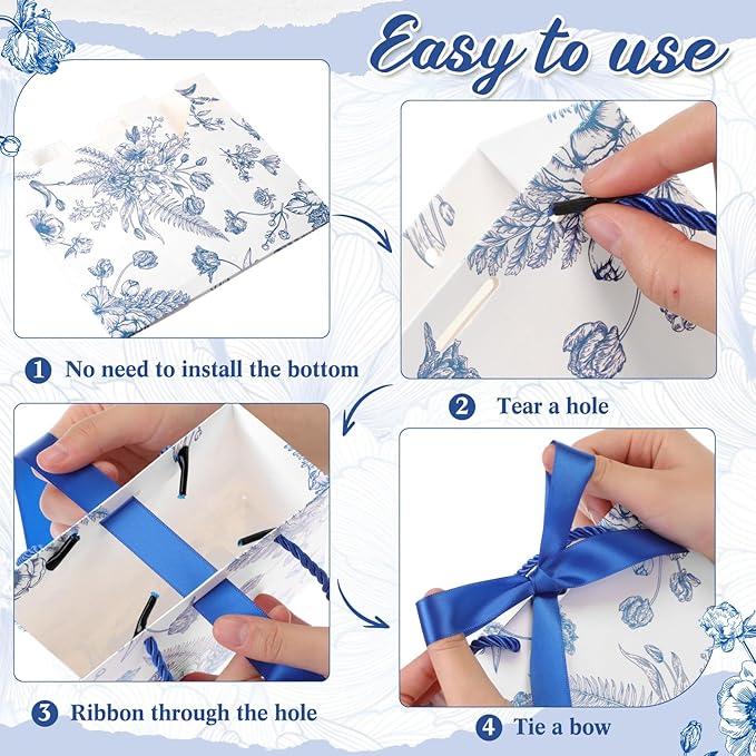 Moinchore 30 Pcs Blue and White Floral Paper Gift Bags with Ribbon Handles, 5.5 x 4.7 x 2.5 in Medium Decorative Favor Bags for Baby Shower, Bridal Party, Wedding, Birthday, Candy, Snacks and Presents