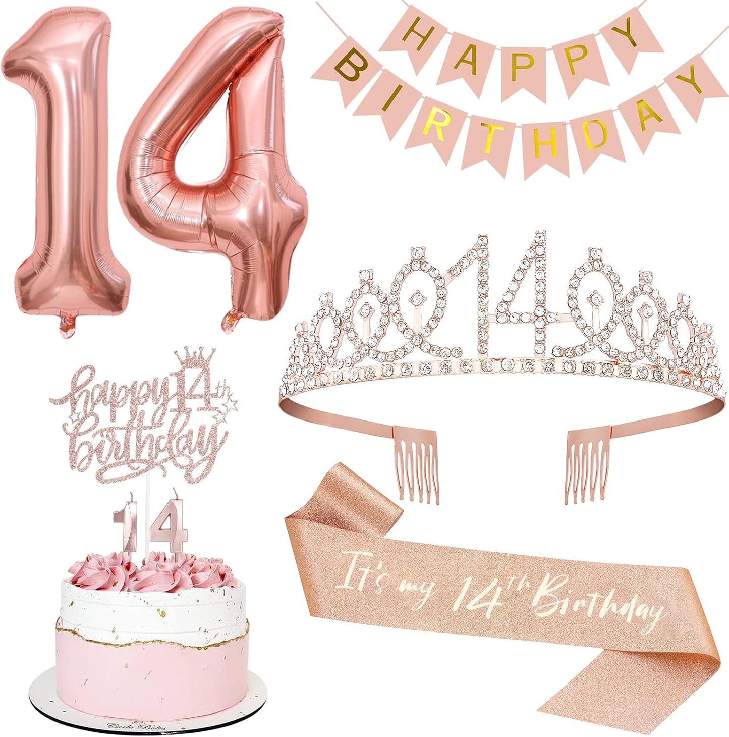 14th Birthday Decorations for Girls, Including 14th Tiara and Sash, Happy Birthday Banner, Cake Toppers, Number Candles and Balloons Set, Rose Gold