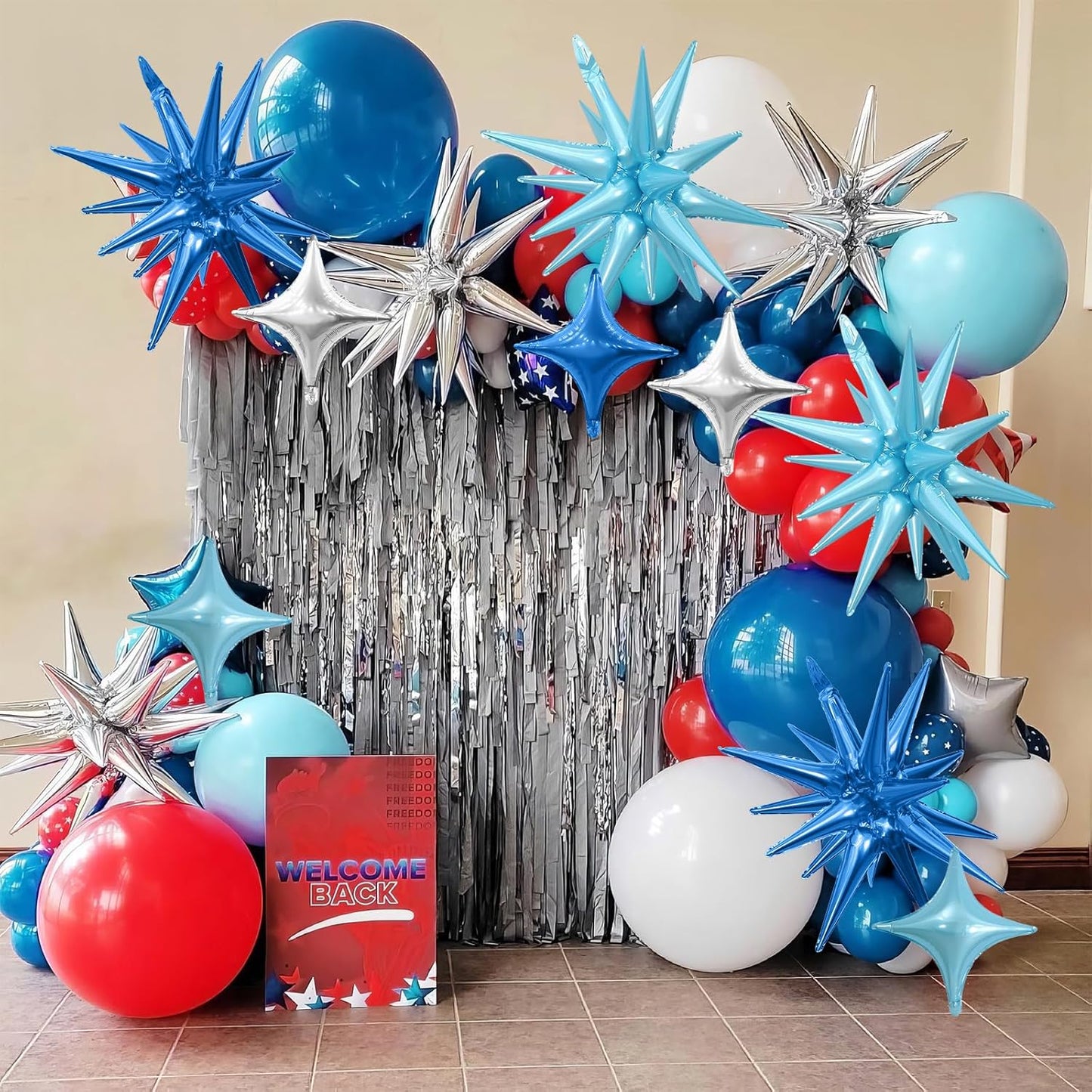 Blue Silver Star Balloons Kit with 6pcs 22in Cone Foil Balloons and 10pcs 10in Four Pointed Star Balloons for Birthday Anniversary Disco Party Decorations