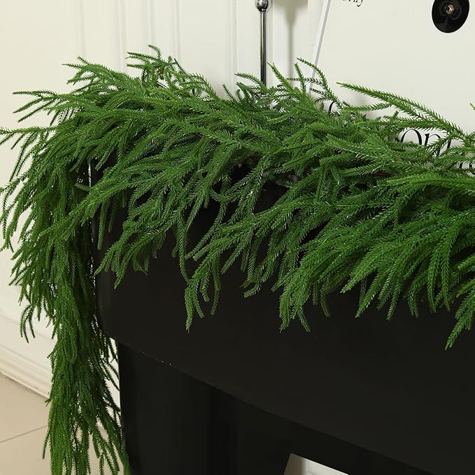 9FT Norfolk Pine Christmas Garland, Real Touch Artificial Greenery Garland for Indoor Outdoor Holiday Decor, Faux Pine Garland with Realistic Needles