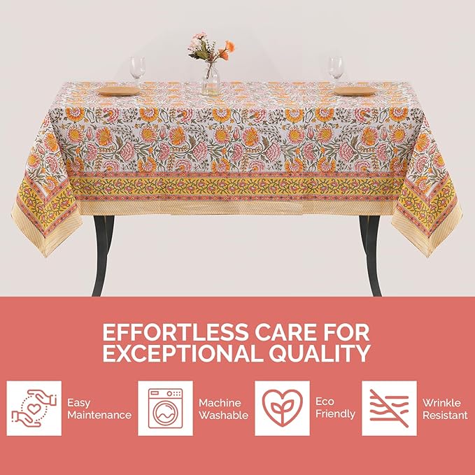 Labhanshi Indian Block Print Floral Table Cloth|Cotton 6-Seater 60x90 Inch Rectangle Washable Dinner Picnic Table Cloth|Cocktail Parties Wedding Spring Easter Table Decor|White Marigold