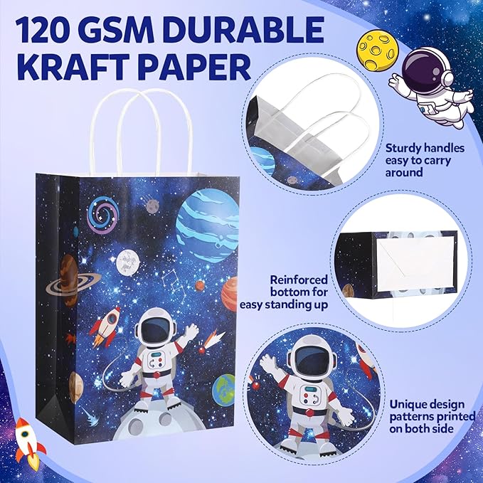 Gaillty 24 Pcs Outer Space Party Favor Bags Galaxy Goodie Gift Bags with Handles Kraft Paper Solar Treat Candy Totes for Astronaut Science Themed Birthday Party Supplies Decorations