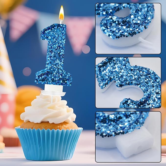 Zailo Birthday Number Candles, Glitter Number Candle Cake Decorations with Sequins, Cupcake Decorations for Girls, Women, Party Anniversary Celebrations (Number 1, Blue)