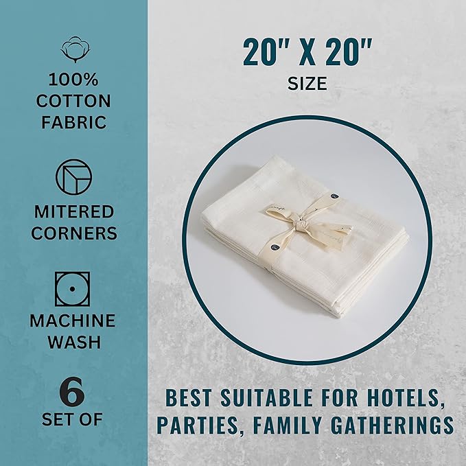 FINGERCRAFT Cloth Napkins Set of 6 Cotton Blend 20x20 Inch Large Size Dinner Napkins Cloth Perfect for Parties Dinners Weddings Cocktail Christmas Easter Stonewashed Off White