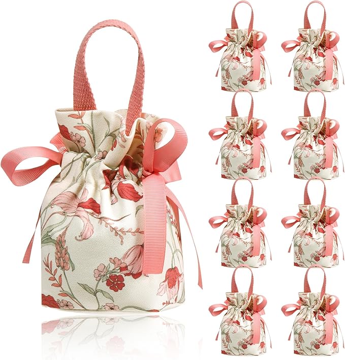 Liobelon 8 Pieces Floral Mini Gift Bags with Handles 14x9.5x6cm/5.5x3.7x2.3inch Canvas Small Candy Bag Tea Party Favor Bags for Party, Wedding, Bridal Shower, Valentine's Day, Mother's Day