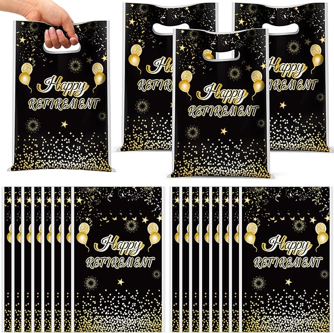 Supervitae 100 Pcs Happy Retirement Plastic Gift Bags Retirement Party Favor Bags Bulk with Handles for Men Women Office Coworker Snacks Goodie Candy Treat Farewell Going Away Party Supplies