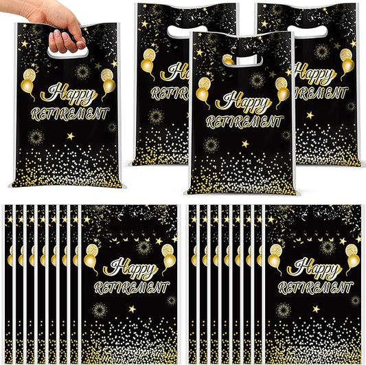 Supervitae 100 Pcs Happy Retirement Plastic Gift Bags Retirement Party Favor Bags Bulk with Handles for Men Women Office Coworker Snacks Goodie Candy Treat Farewell Going Away Party Supplies