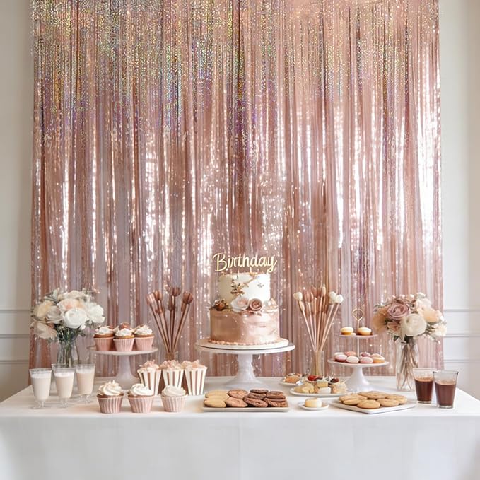 4 Packs Champagne Foil Fringe Curtain, Rose Gold Glitter Metallic Tinsel Backdrop for Birthday Wedding Bridal Baby Shower Engagement Bachelorette Party Decorations Supplies