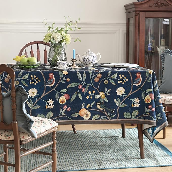 Linen Table Cloth Rectangle,Wrinkle Resistant French Blue Tablecloth Print with Froal,Decor Stitch Table Cloth for Thanksgiving,Dining Room,Home,Kitchen 63" × 87"-DeweyA Blue