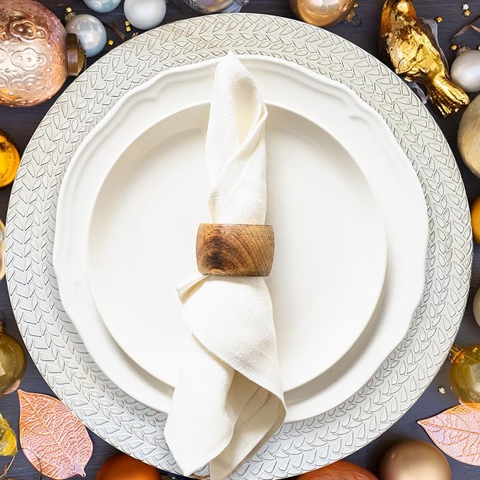 13" Antique White Leaf Trim Round Charger Plates for Dinner, Table Chargers Plates Bulk, 6Pcs