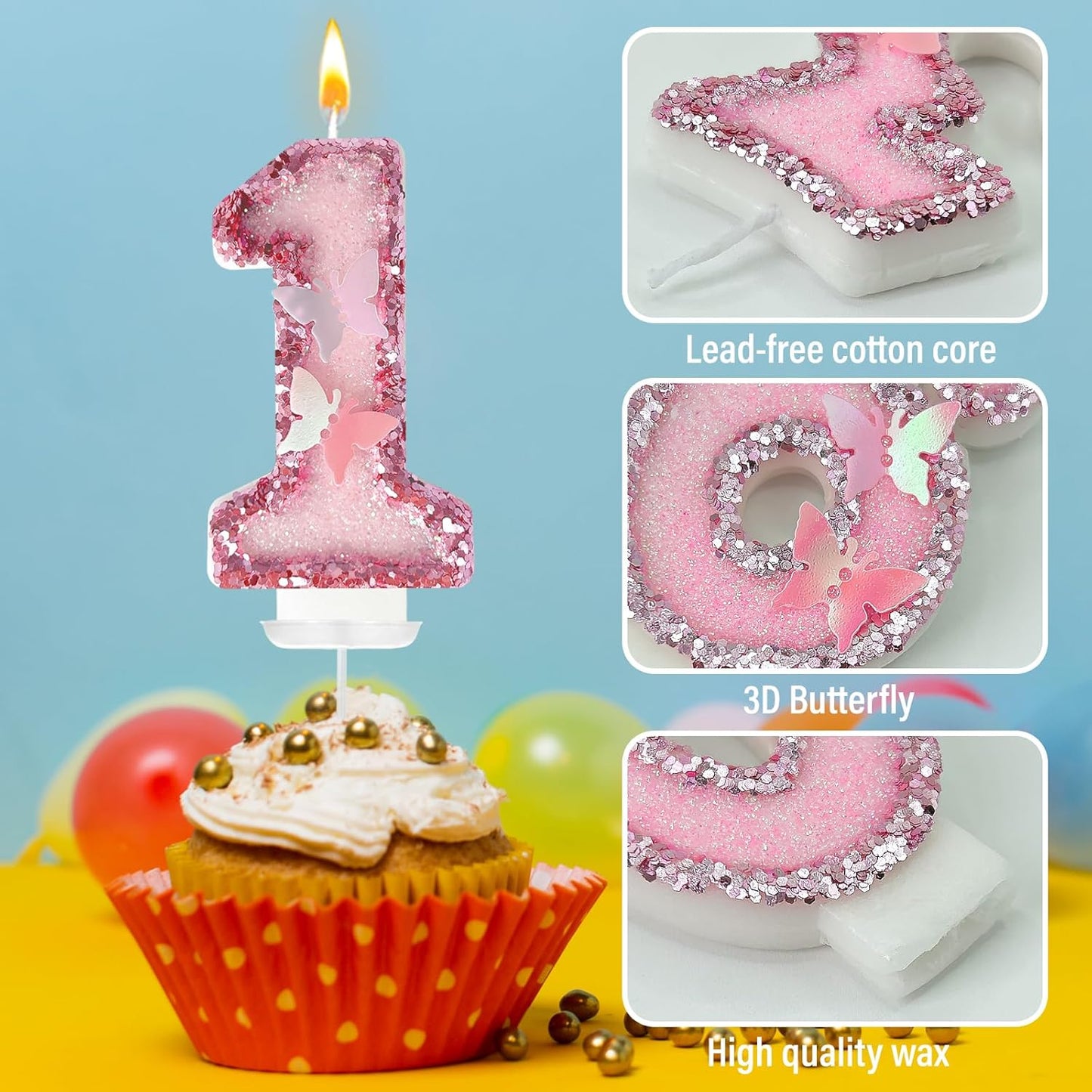 10Th Birthday Candles，Glitter Butterfly Cake Toppers Pink Sequins Wedding Numeral Cupcake Decorations，Suitable for Girl and Boy Wedding Cakes, Party Celebrations, Birthday Decorations (10)