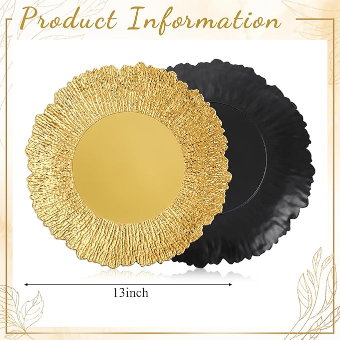12 Pcs Charger Plates Bulk for Wedding Chargers 13" Reusable Round Serving Plate Table Chargers for Catering Family Party Restaurant Home Dinner Supplies (Reef, Gold)