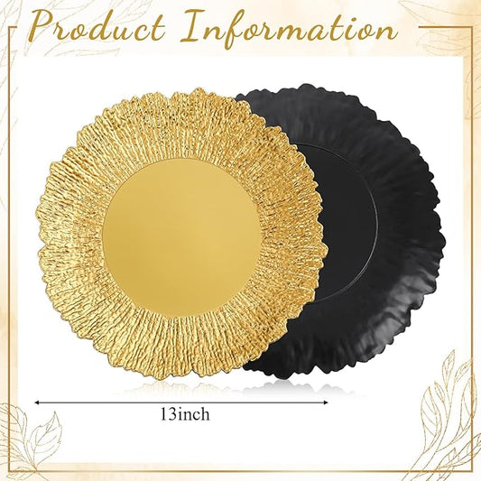 12 Pcs Charger Plates Bulk for Wedding Chargers 13" Reusable Round Serving Plate Table Chargers for Catering Family Party Restaurant Home Dinner Supplies (Reef, Gold)