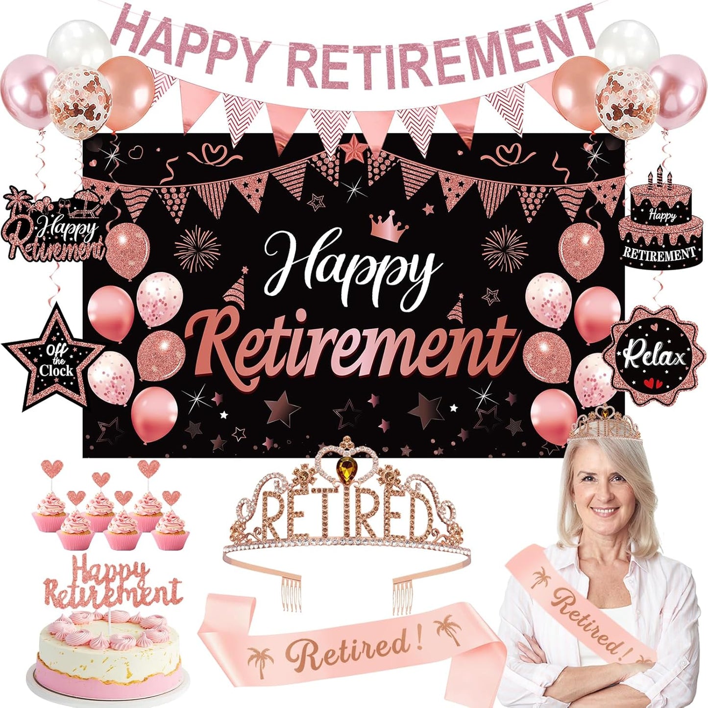 Rose Gold Retirement Party Decorations for Women, Retired Crown and Sash Retirement Backdrop Balloons Cake Toppers Hanging Swirls Retired Parties Supplies 24PCS