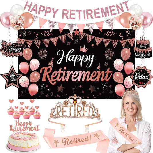 Rose Gold Retirement Party Decorations for Women, Retired Crown and Sash Retirement Backdrop Balloons Cake Toppers Hanging Swirls Retired Parties Supplies 24PCS