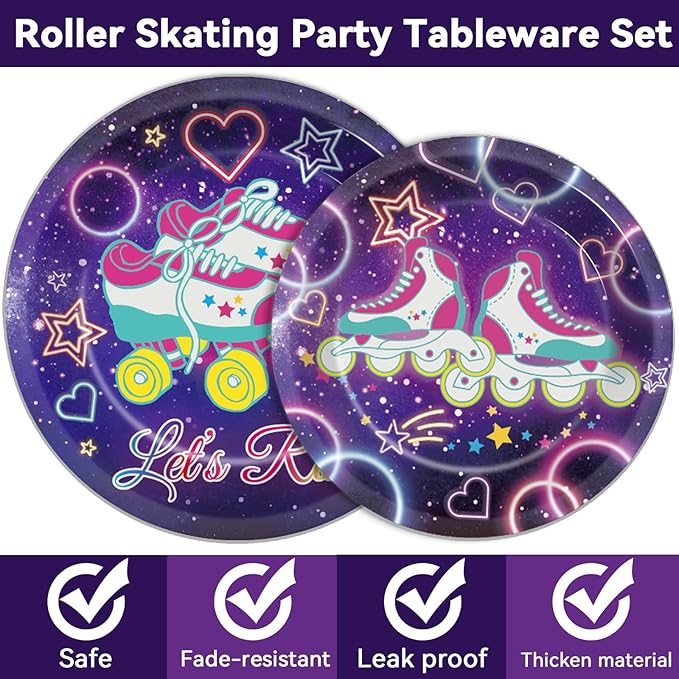 96 Pcs Roller Skating Party Supplies Let's Roll Paper Plates Napkins Roll Theme Party Decorations Roller Skate Dinnerware Roller Skating Birthday Party Favor Kids Baby Shower Party Tableware Serves 24