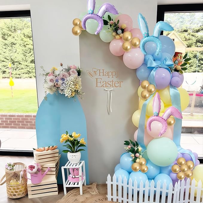 155pcs Easter Balloon Arch, Pastel Rainbow Balloon Garland with Bunny Ears Foil Balloons, Pink Purple Yellow Green Blue White Gold Confetti Balloons for Easter Spring Baby Shower Birthday Decorations