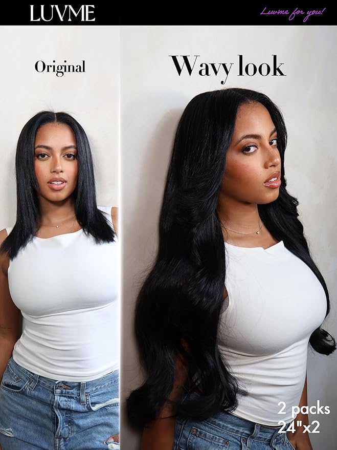 LUVME Body Wave Seamless Clip in Hair Extensions 2 Pack 220g, 18 Inch Natural Black, 100% Real Remy Human Hair, Soft Full Volume, Easy Clip Ins for Daily Wear, Work, Parties & Weddings