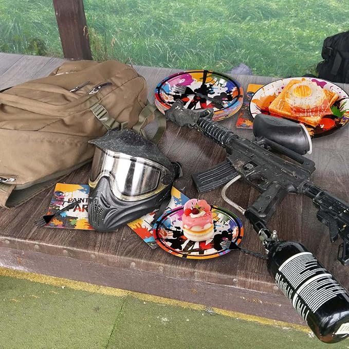 Grencian 200Pcs Paintball Party Supplies Paintball Neon Paper Plates and Napkins Paint Splatter Tableware Sets Paint Ball Gun Shooting for Kids Boys Holiday Birthday Party Supplies Serves 50