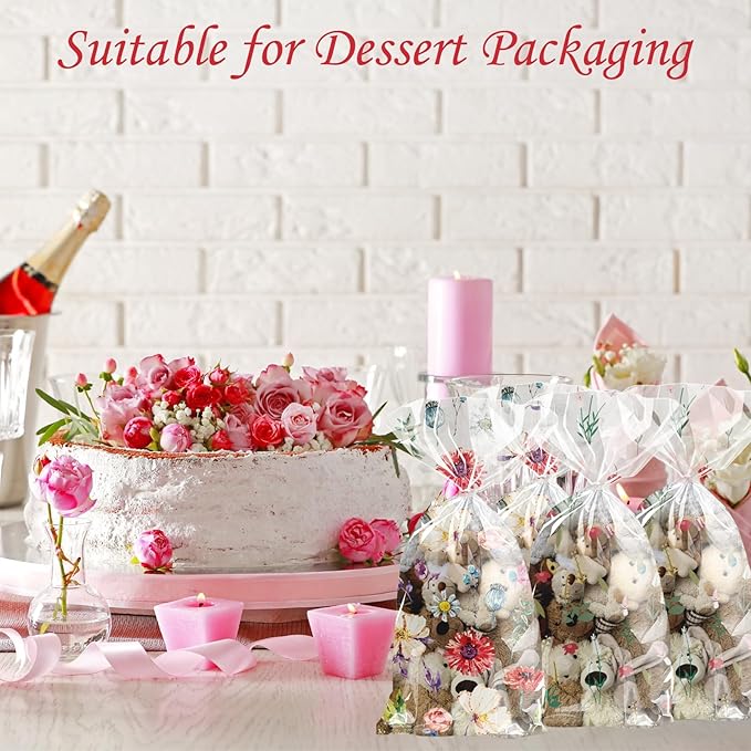 CANIPHA 100Pcs Wildflower Party Cellophane Treat Bags Plastic Floral Candy Cookie Packing Clear Goody Gift Bags Favor Decorations 4 Design with 100 Ties for Birthday Baby Shower Tea Party Supplies