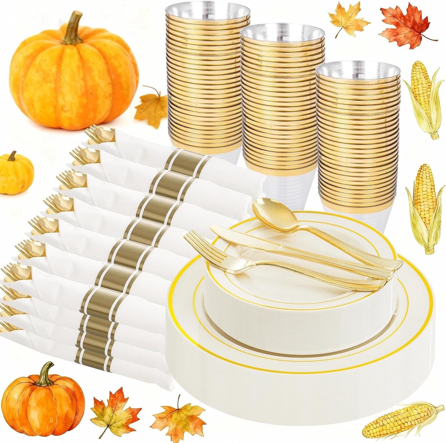 WELLIFE 210PCS Ivory Plastic Plates for 30 Guests - Include 30 Dinner Plates, 30 Dessert Plates, 30 Clear Cups and 30 Pre Rolled Napkins with Gold Silverware,Disposable Plates for Party and Wedding