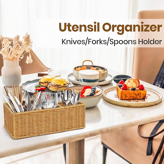 Wicker Silverware Caddy for Party, Woven Rattan Utensil Holder, Knife Fork Spoon Holder, Countertop Cutlery Storage Box, Cabinet Tabletop Silverware Organizer (Brown Gold)