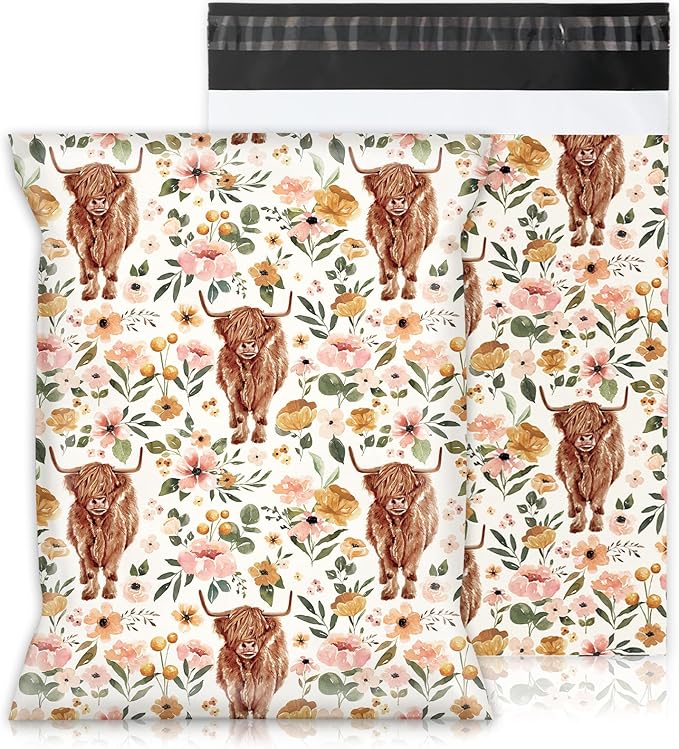 JarThenaAMCS 100Pcs Boho Floral Highland Cow Poly Mailers 10 x 13 Inch Watercolor Cow Flower Packaging Bags Rustic Self Seal Mailing Envelope Bags for Small Business Clothing Document Gifts