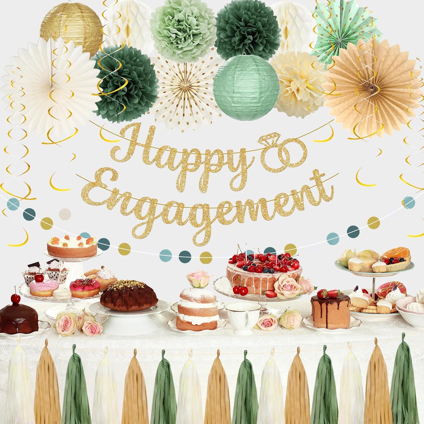 Roetyce Engagement Party Decorations, Green and Gold Glitter Happy Engagement Banner, Almost Married/Just Engaged Photo Background, Sage Green Congratulations Wedding Bachelorette Backdrop Decor