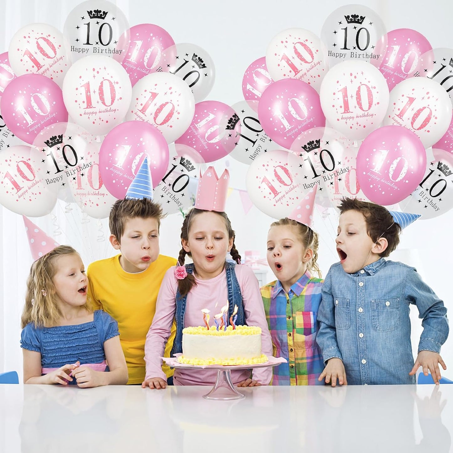 Pink White 10th Birthday Balloons, Pack of 15 Happy 10th Birthday Party Decorations for Her, 10th Birthday Latex Helium Balloons Set for Kids Age 10 Year Old Birthday Party Decorations Supplies