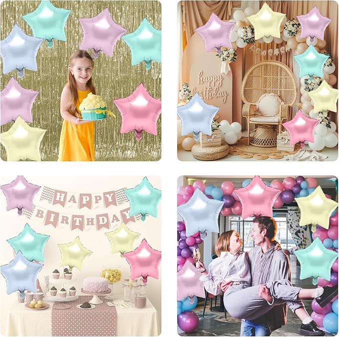 Biapian Pastel Star Foil Balloons, 10PCS Macaron Foil Stars Shape Balloon, 18 Inch Multicolor Stars Balloons for Helium Pentagram Balloon for Girls Boys Birthday, Baby Shower Wedding Party Decoration