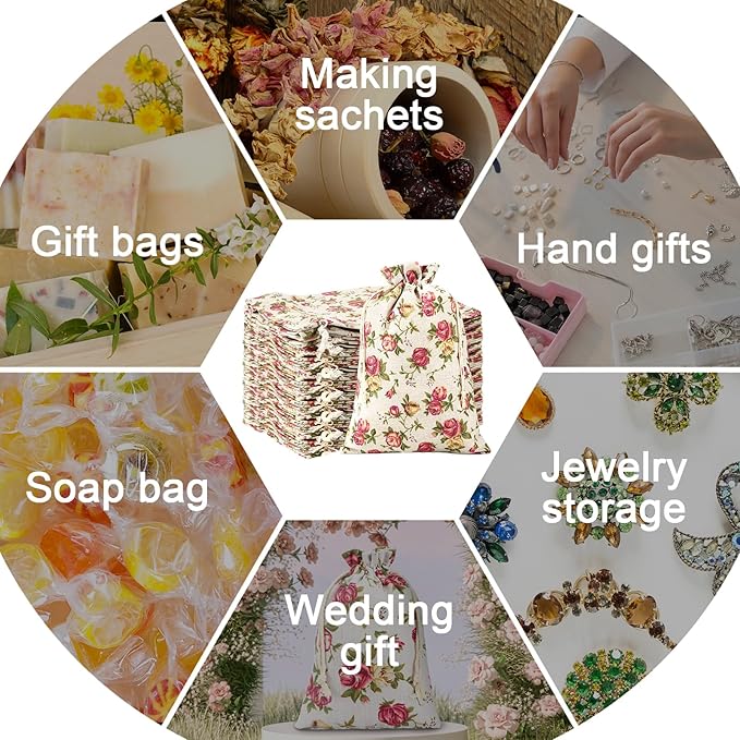 Pangda 30 Pieces Small Size Rose Drawstring Bags Mother's Day Burlap Flower Pouch Bags Linen Gift Jewelry Pouches for Wedding DIY Craft Party (8 x 12 Inch)