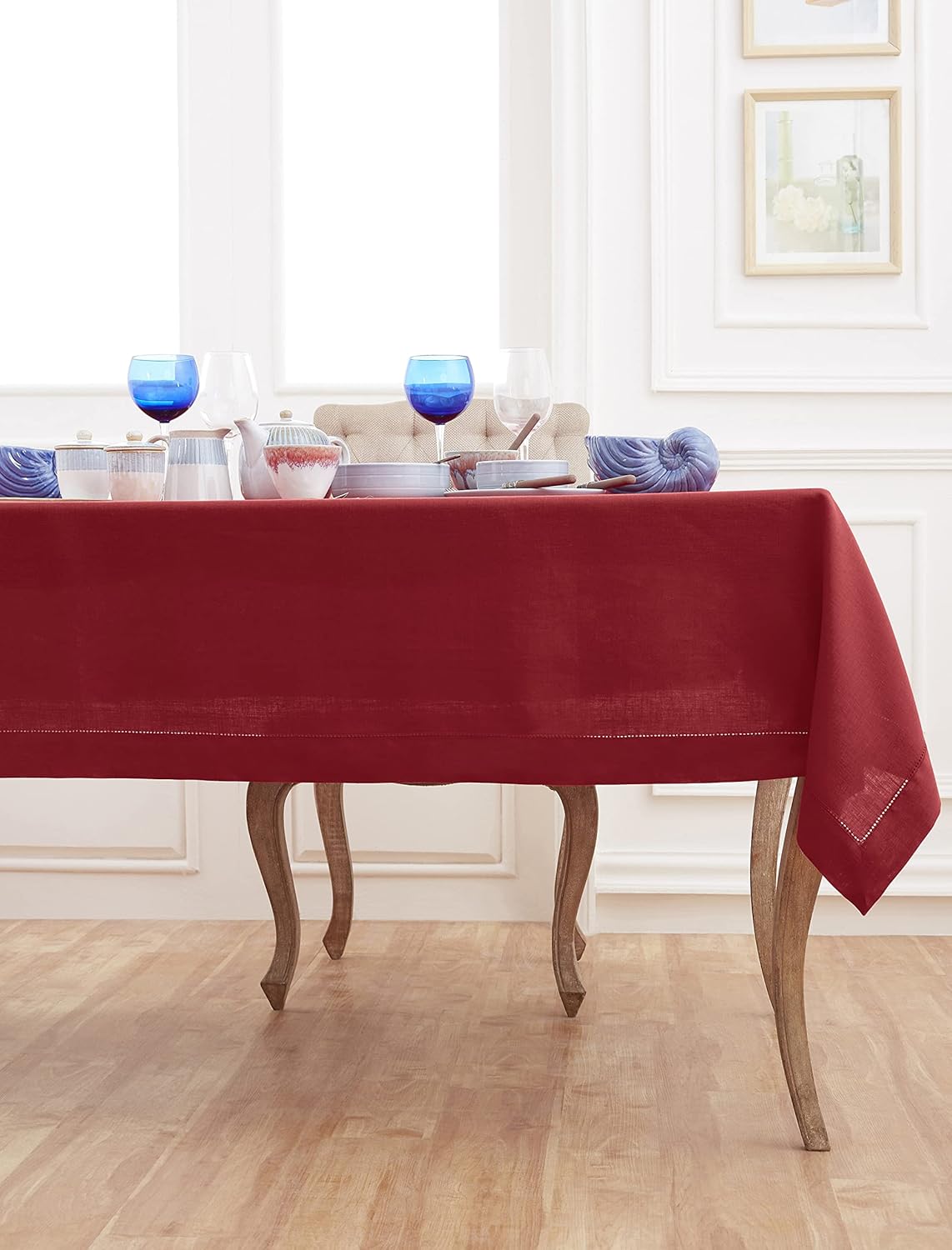 Solino Home Linen Tablecloth 60 x 108 Inch - Classic Hemstitch 100% Pure Linen Red Table Cloth for Rectangle Tables - Machine Washable Tablecloth for Christmas
