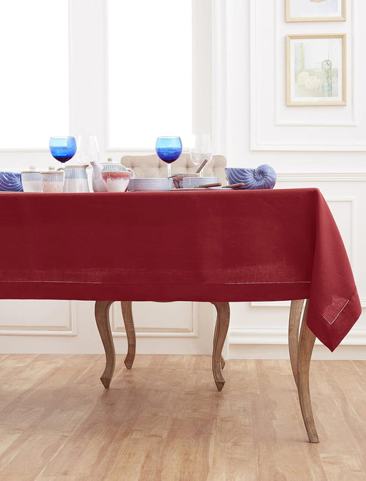 Solino Home Red Linen Tablecloth 60 x 132 Inch - 100% Pure Linen Hemstitch Table Cloth for Rectangle Tables - Classic Hemstitch, Machine Washable Tablecloth for Christmas